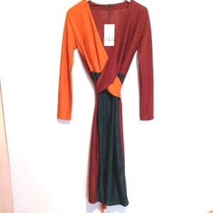 Zara Colorblock Wrap Midi Dress in Orange, Rust & Dark Green-tag was removed